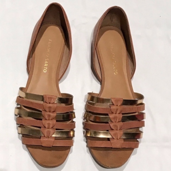 Franco Sarto Brown Tan Leather & Gold Huarache Strappy Open Toe Sandals Flats 8 - Picture 1 of 8